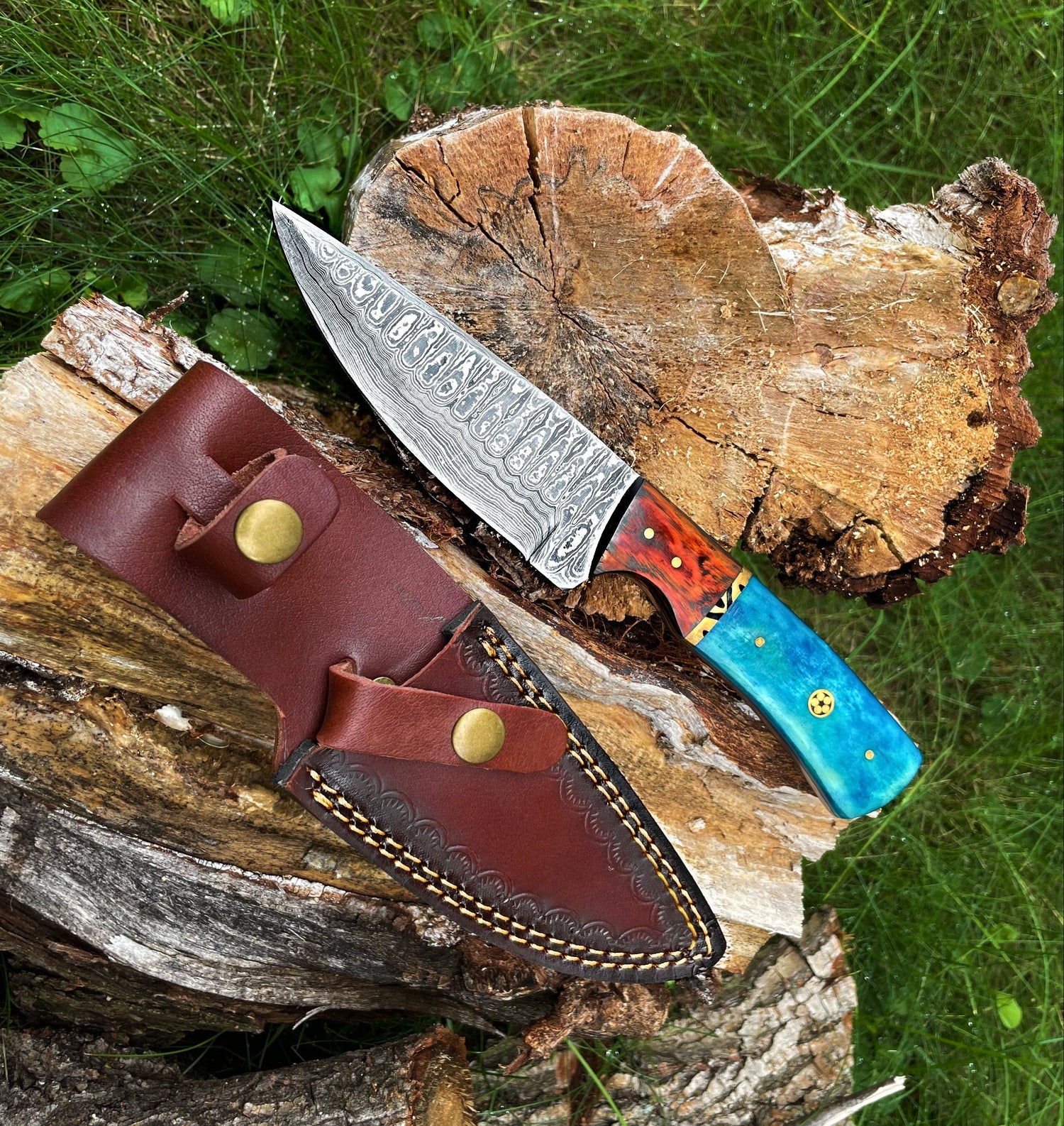 Knife with a blue handle and brown leather sheath on a wooden stump with grass in the background