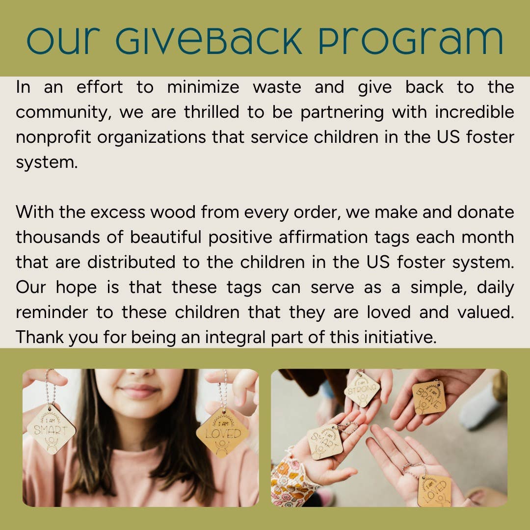 Text about a giveback program with images of children holding positive affirmation tags.