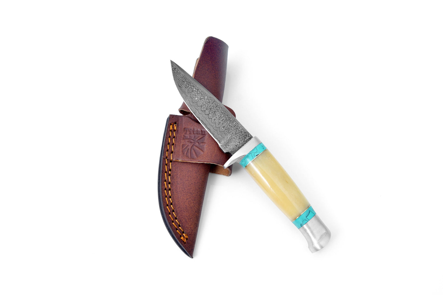 Knife with a wooden handle and leather sheath on a white background