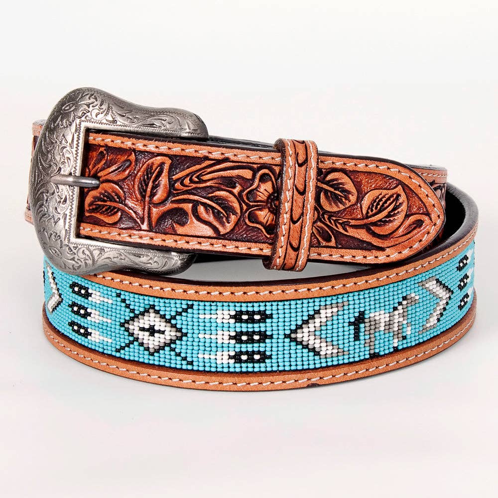 Brown leather belt with intricate design and turquoise beaded belt on a white background