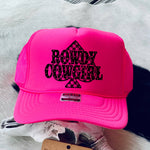Pink cap with 'Rowdy Cowgirl' text on a cowhide background