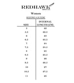 Redhawk Boot Co. women's sizing guide for boots with internal length measurements.
