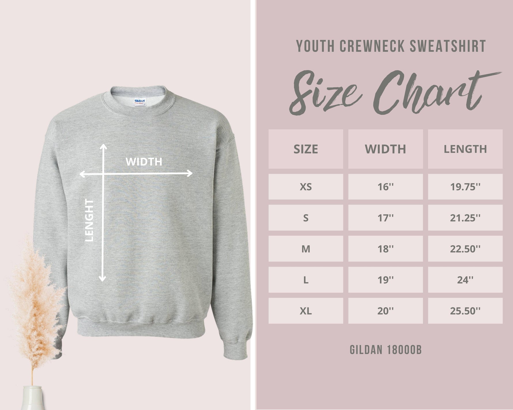 Gray sweatshirt with size chart on a pink background