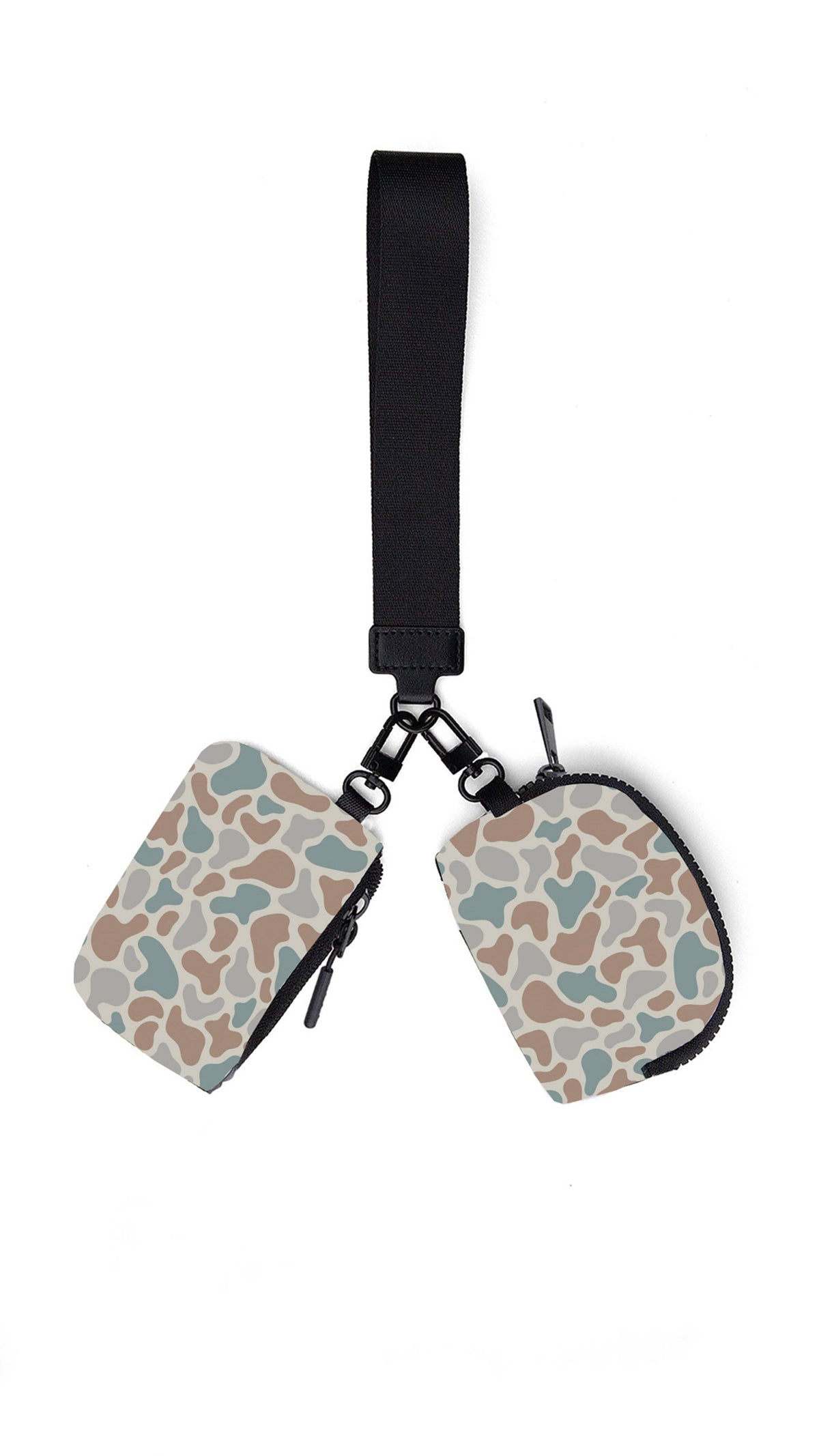 Two patterned pouches with a black strap on a white background