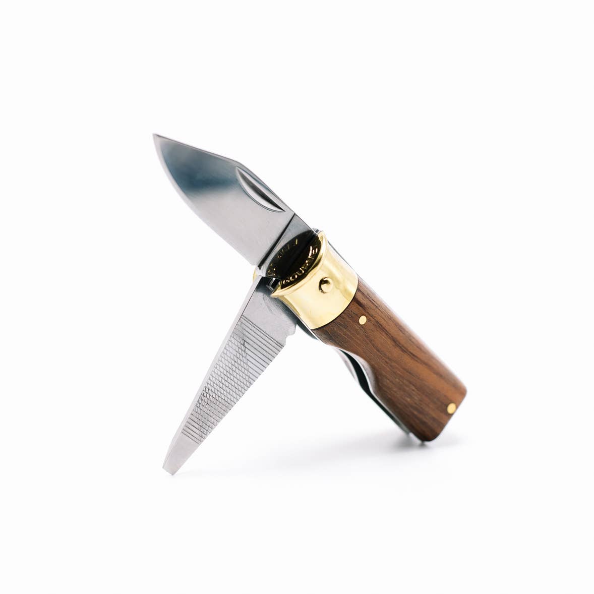 Folding knife with wooden handle and gold accents on a white background