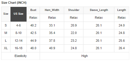 Size chart for clothing measurements in inches with US size categories.