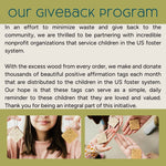 Text about a giveback program with images of children holding positive affirmation tags.