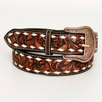 Brown leather belt with intricate floral patterns and a matching buckle on a white background