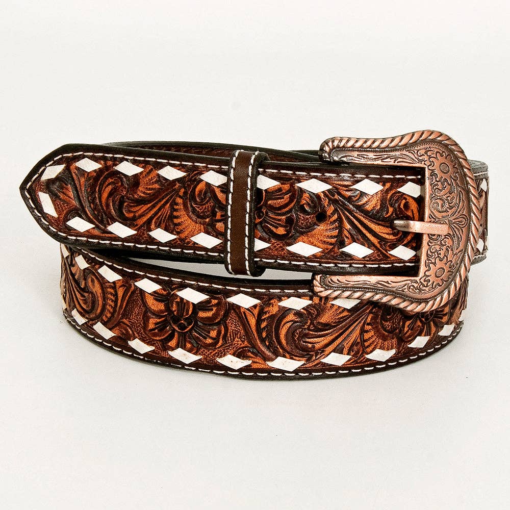 Brown leather belt with intricate floral patterns and a matching buckle on a white background
