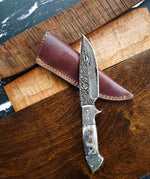 Decorative knife with a leather sheath on a wooden surface