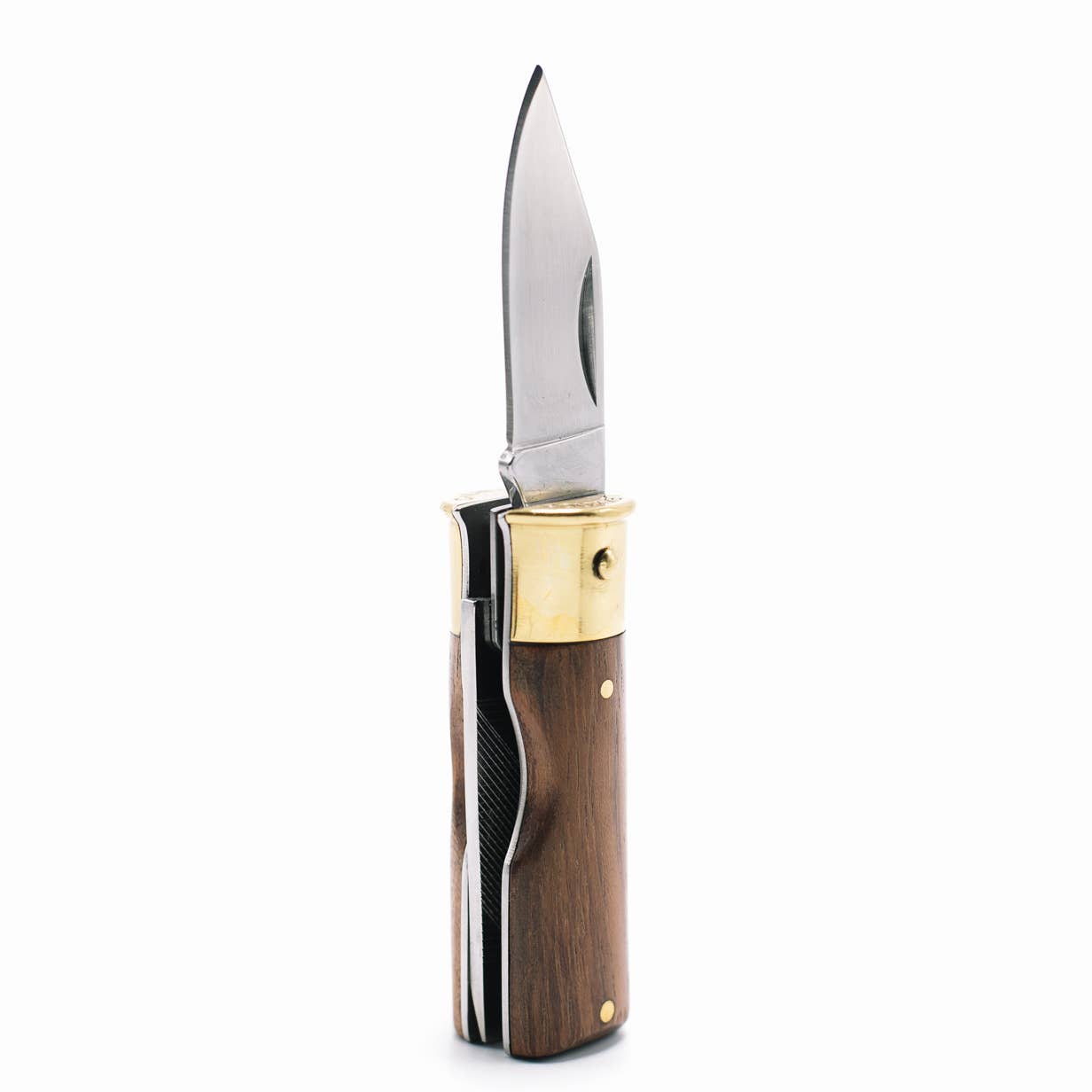 Foldable knife with wooden handle and gold accent on a white background
