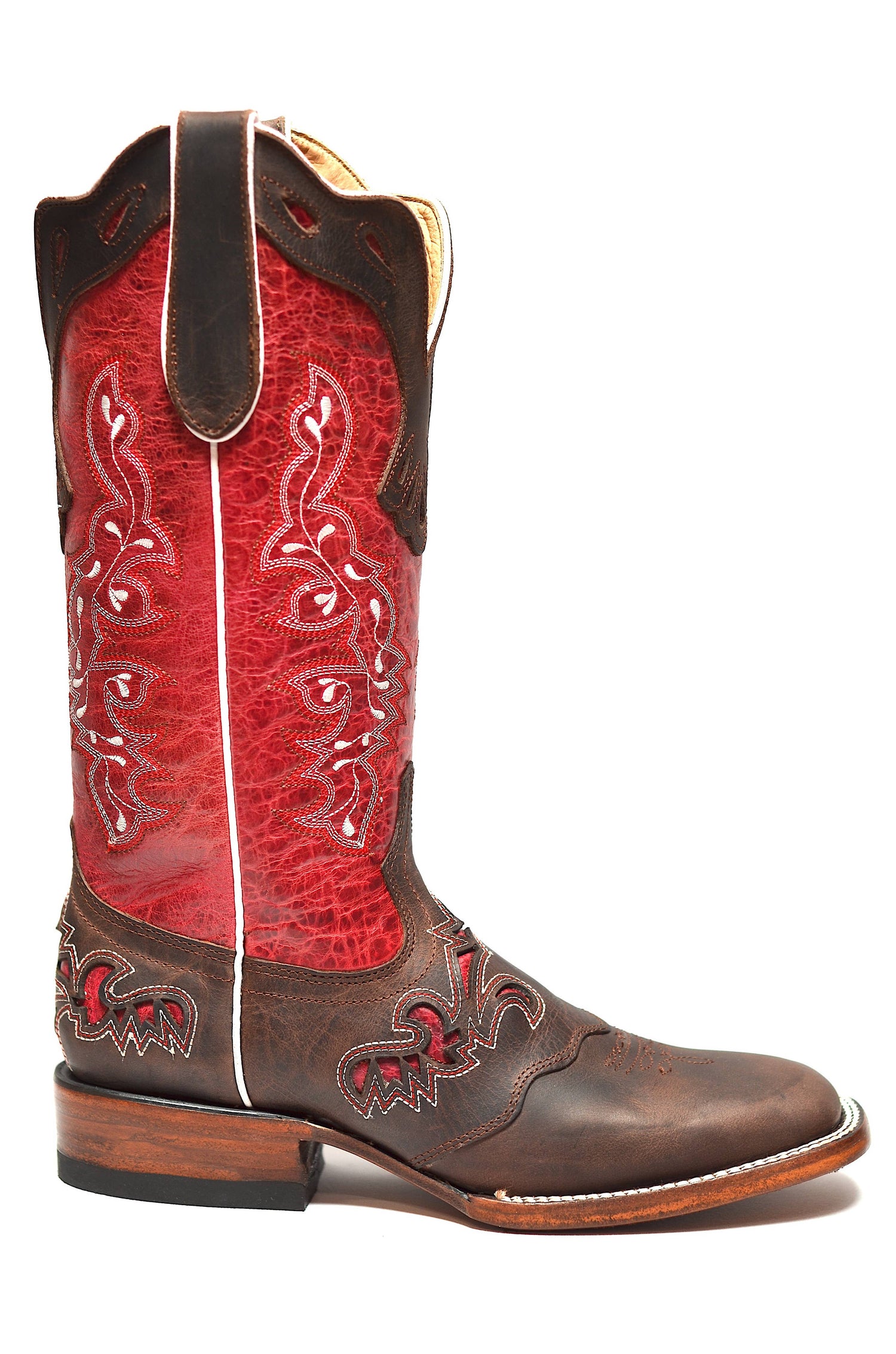 Brown and red cowboy boot with intricate stitching on a white background