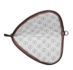 Heart-shaped pouch with brown border and white interior with circular pattern on a white background