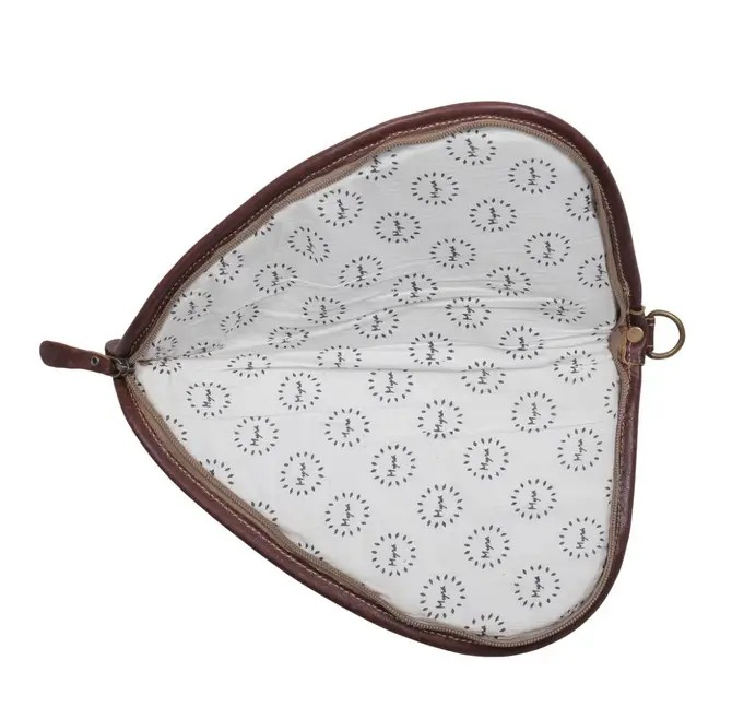 Heart-shaped pouch with brown border and white interior with circular pattern on a white background