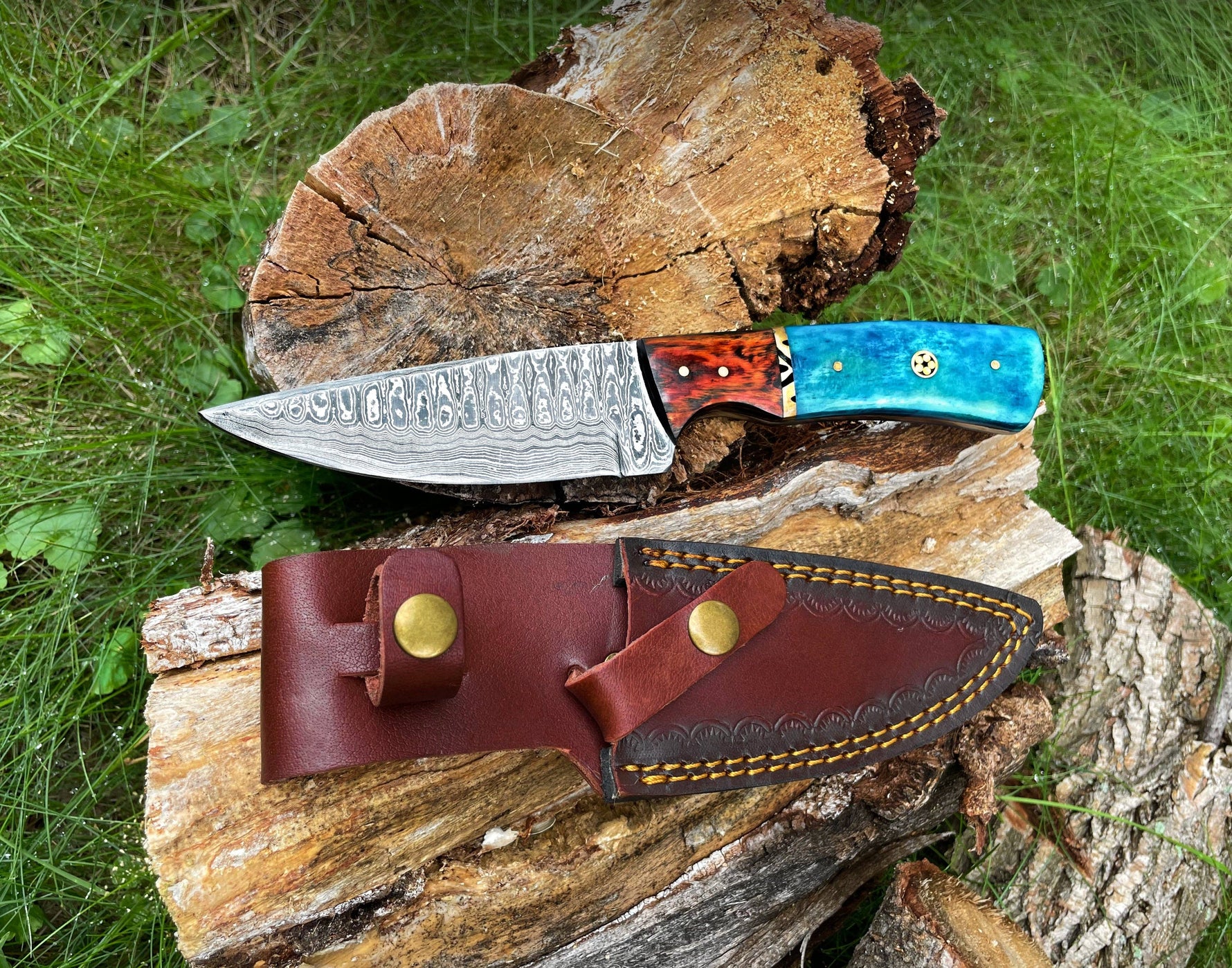 Knife with a blue handle and brown leather sheath on a wooden log