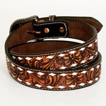 Brown leather belt with intricate floral patterns on a white background