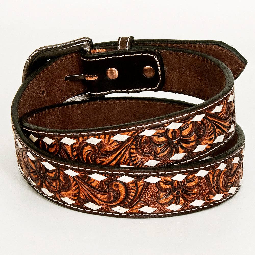 Brown leather belt with intricate floral patterns on a white background