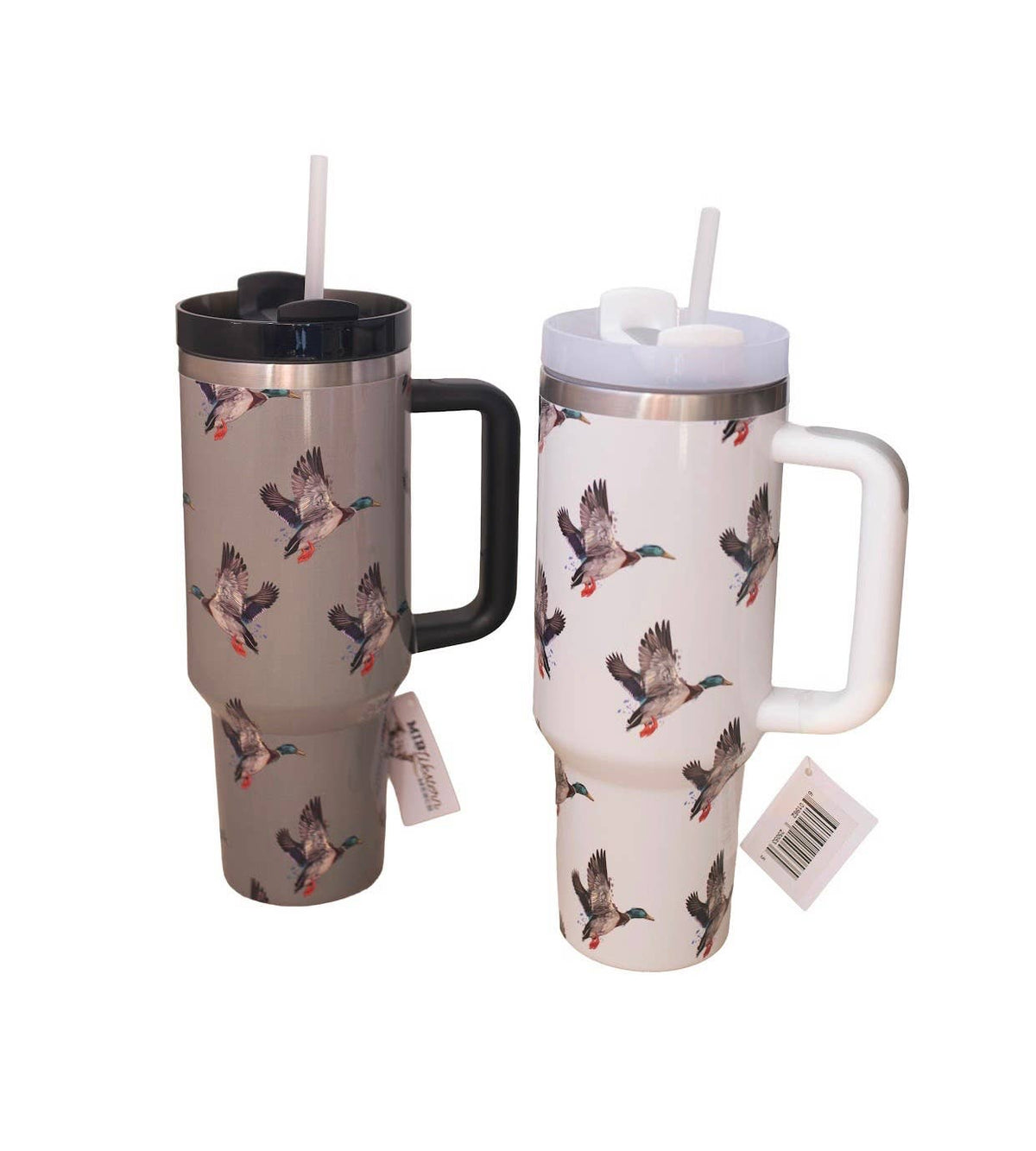 Two insulated travel mugs with duck designs on a white background