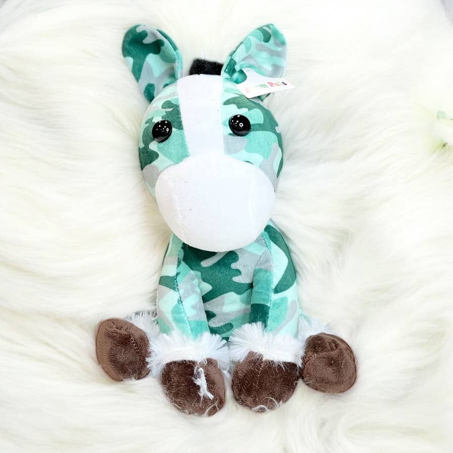 Plush toy with green and brown pattern on a white background