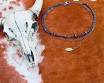 Necklace with a hand pendant on a cowhide surface next to a cow skull.